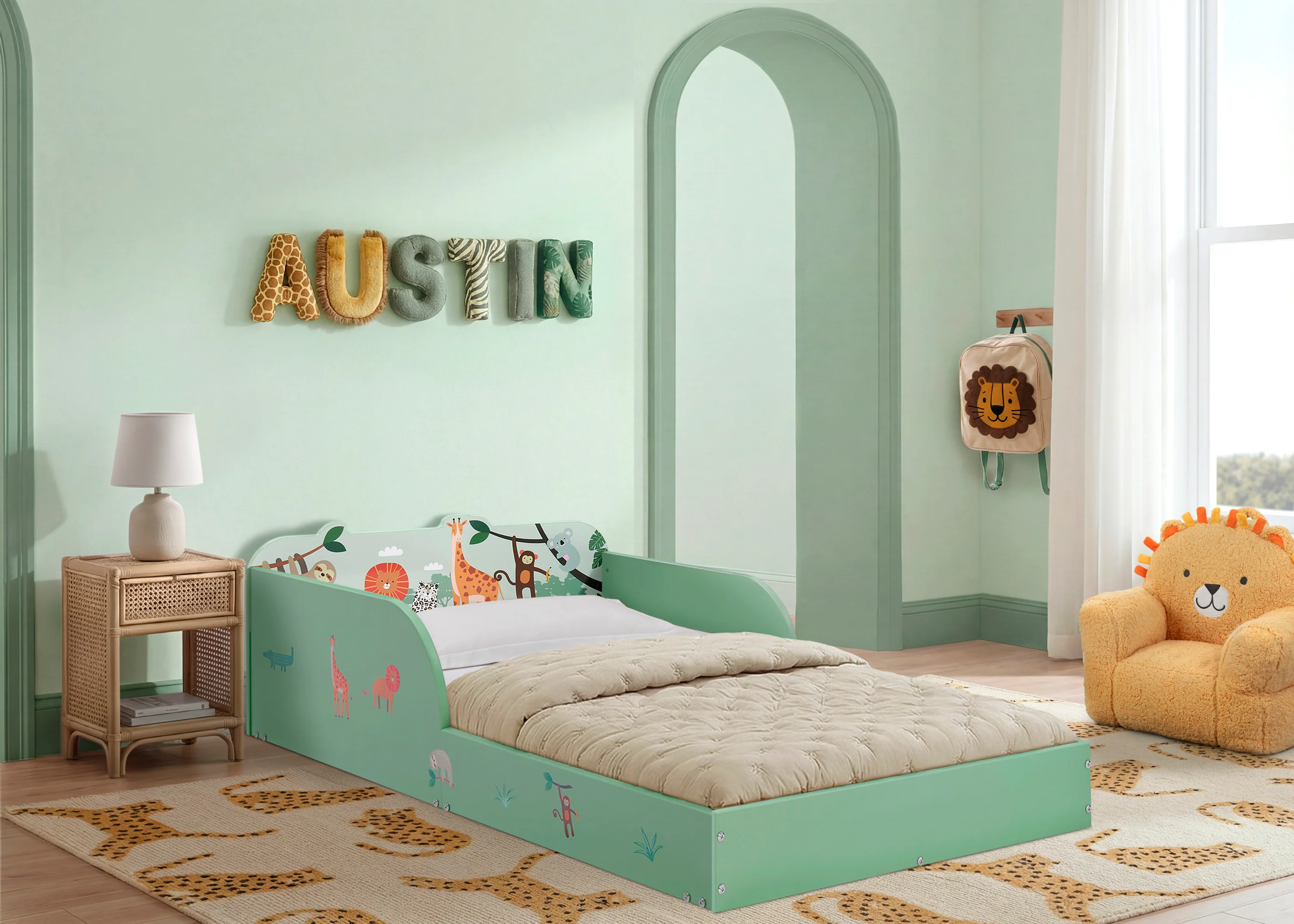 Safari Wood Floor Toddler Bed with Reusable Stickers