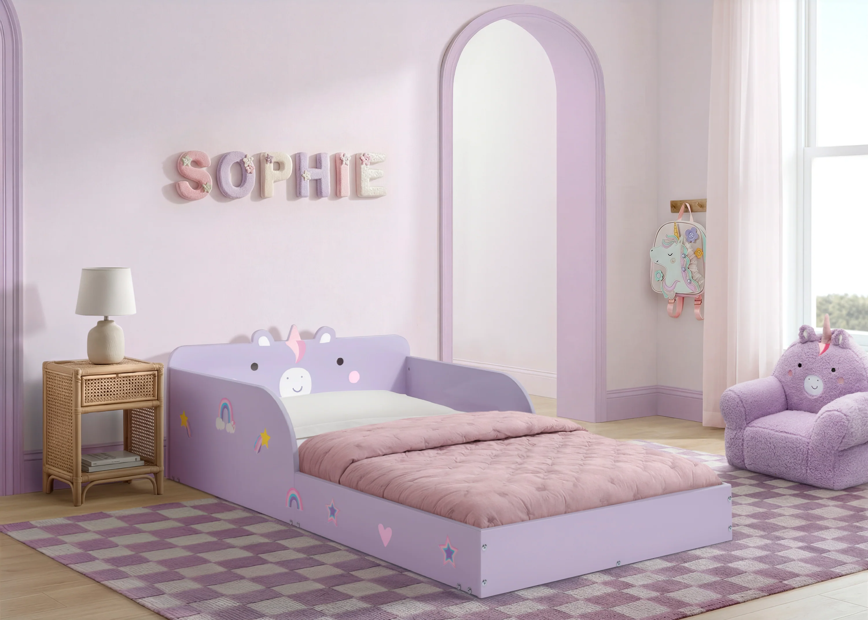 Unicorn Wood Floor Toddler Bed with Reusable Stickers